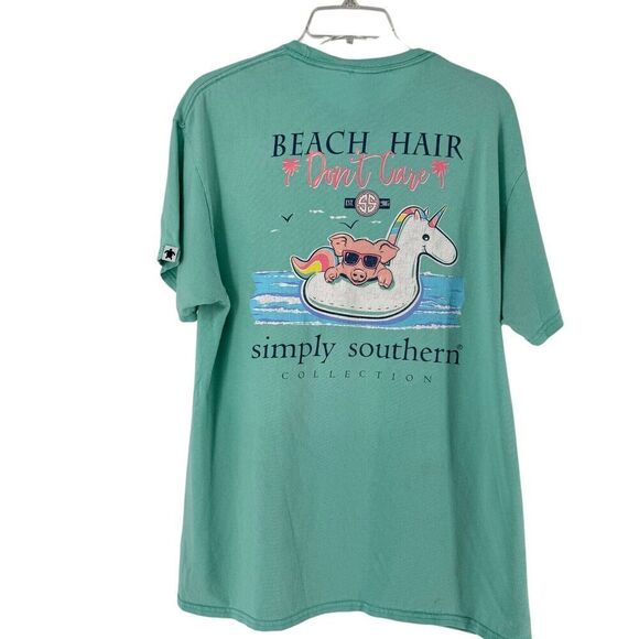 Simply Southern Pig T-Shirt Beach Hair Teal Womens Size L Short Sleeve Preppy - Picture 1 of 10